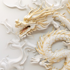 close-up, Chinese New Year, auspicious Dragon theme, abstract minimalist dragon design, subtle gold on white, clear background, C4D OC render style, soft natural lighting, simple and elegant space. ar 3:4 v 6.0