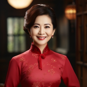 中国中年妇女穿着红仓旗袍的超逼真大师级摄影