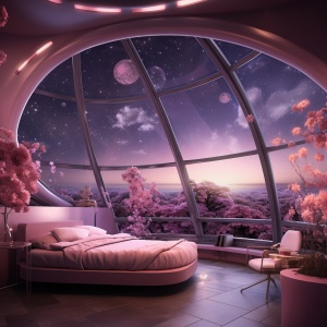 画面中有一个落地窗建筑都是圆型的，这是一个融入了夏尔人风格的星空建筑，阿卡西是流动的，所以房间也是流动的，这不是一个真实存在的房间，而是会随着主人的振频而改变，粉红色的仙女座