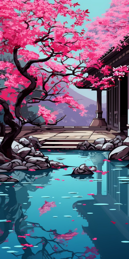 一座小庭院，院子里有一个小池塘，黑绿色池水，池塘边上有一棵梅花树，粉色的梅花，中国插画风，水墨风，超高清