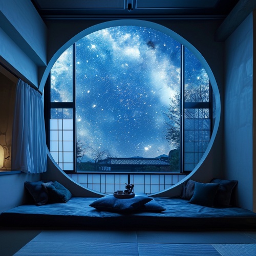 画面中有一个落地窗建筑都是圆型的，是一个星云蓝色的星空建筑，这是一种让人心情明亮起来的蓝，房顶可以看到星空宇宙，阿卡西是流动的，所以房间也是流动的，这不是一个真实存在的房间，而是会随着主人的振频而改变