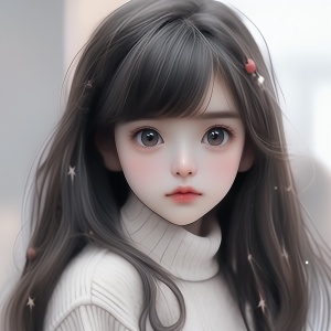 一个可爱的小女孩，黑色的长发，娃娃脸，脸部立体，穿着米白色毛衣，毛衣上带点图案，搞笑。有趣正面半身照