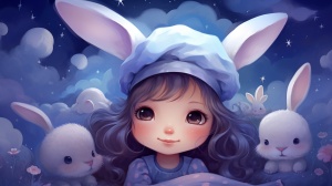 可爱的小女孩带着长长兔耳朵的帽子