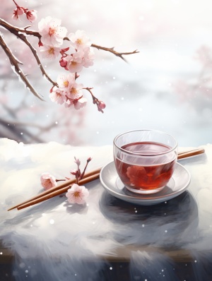 寒冷天气中的一杯红茶，冒着热气，还有一条温暖的围巾，背景是稀疏的小雪点和一支盛开的梅花，背景模糊处理的摄影作品