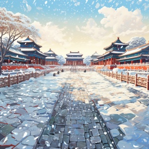 snowing day, An abstract painting of colorful designs, The Forbidden City, josan gonzalez, Henry Matisse’s colors, Henry Matisse’s lithograph, storybook illustration, cinematic shot ,two-point perspective ,ultrafine detail. 4k, HD ar 3:4 v 5.2 q 1 s 100