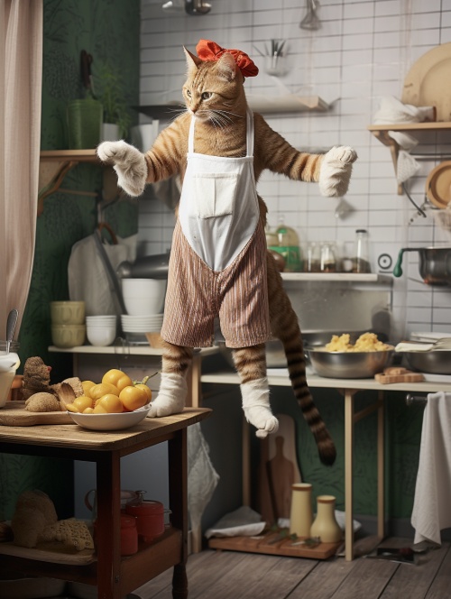 一只穿着人类衣服的模特猫咪，用双脚站立着在人类的厨房做早餐