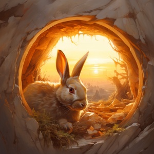 一个兔子在洞里甜蜜睡觉，阳光照进洞口