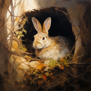 一个兔子在洞里，闭眼睡觉，阳光照进洞口
