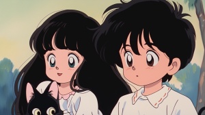 可爱的小男孩和小女孩在90年代动漫风格的场景中玩手机游戏。