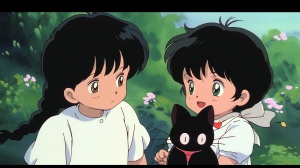 可爱的小男孩和小女孩在90年代动漫风格的场景中玩手机游戏。