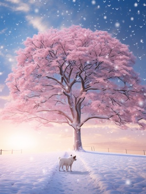 一个大大的爱心型树，挂满厚厚的白雪，树挂，雪花，一行脚印，一只小白狗仰视看爱心树，冰雪晶莹剔透，背景是粉红的天空，实景拍摄摄影