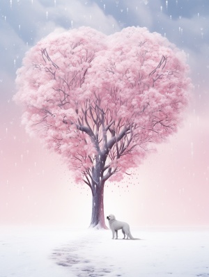 爱心树下的小白狗与雪花