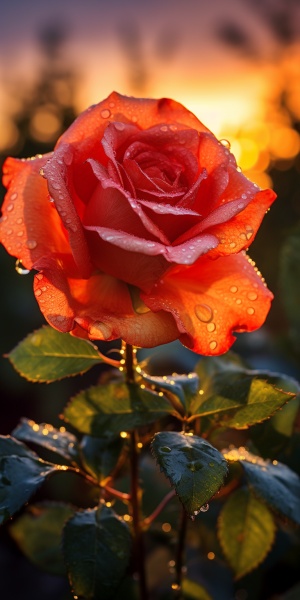 带着水珠的香宾玫瑰盛放在夕阳下