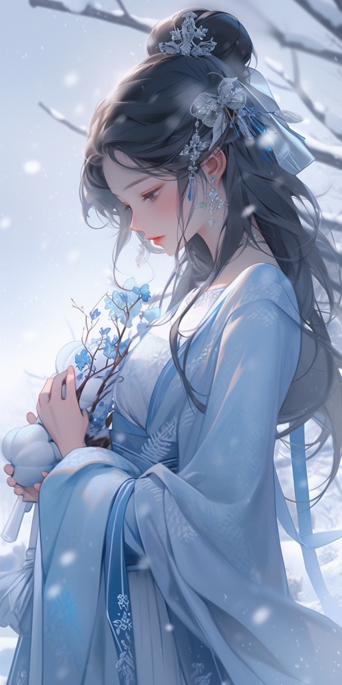 一个可爱的漂亮的中国小女孩，穿天蓝色衣服，站在雪地里，手捧白雪，浑身发着光，树枝上都是雪，梦幻雪景
