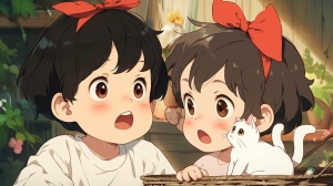 宫崎骏风格可爱的小男孩和小女孩在甜美场景中玩游戏