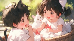 宫崎骏风格可爱的小男孩和小女孩在甜美场景中玩游戏