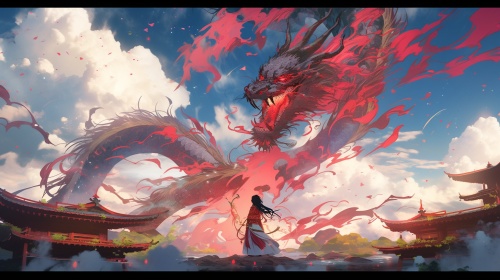 an art illustration showing an oriental forest scene, in the style of colorful explosions, anime inspired character designs, i can't believe how beautiful this is, grandiose ruins, lively seascapes, sky blue and red, dragoncore