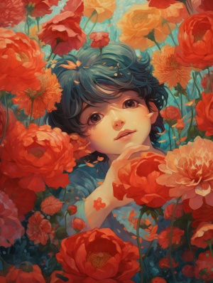 少年手捧着玫瑰花，站在玫瑰花海中，嘴角轻笑的看着前方，