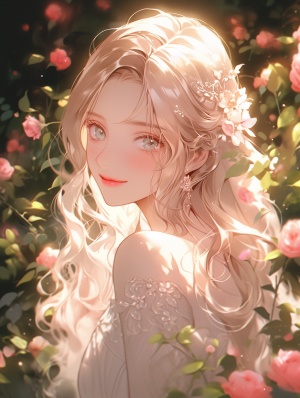 粉色玫瑰花丛中的快乐少女