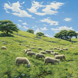 蓝天碧草间的悠闲绵羊