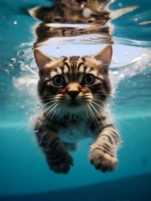 可爱游泳健将猫的瞳孔变圆