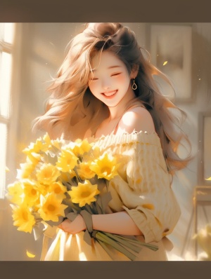 窗前可爱天真的女孩抱着黄色玫瑰花