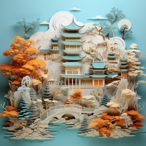 一个剪纸模型来描绘传统的中国建筑和景观，在淡色的风景，淡蓝色和琥珀色，超现实主义的壁画，迷人的色彩景观，3840x2160，国家地理照片，焦点堆叠的风格