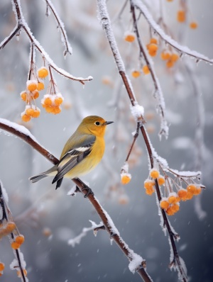 一幅画在白雪皑皑的树木上的鸟，在动漫艺术的风格，uhd图像，石林黄，浅橙色和灰色，可爱，平静的水域，鸟类和白梅