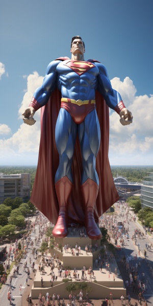 DC老版本经典超人 超人克里斯托弗．里夫 城市中央有一座高300多米高的巨型超人英雄雕像，下面的人们围观这座巨型超人英雄雕像