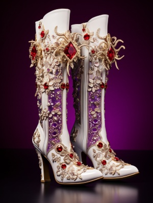 精美设计的白色牛皮长筒靴，点缀宝石和花纹