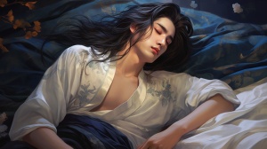 中国古代，15岁年轻男子，长发，面容精致，身材纤细，卧病在床