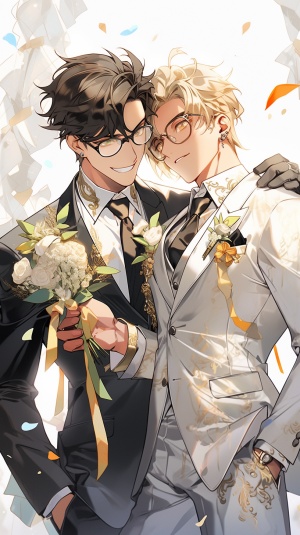两个少年男的，一个男士耳钉，金丝眼镜，耳朵带着耳环身穿婚纱婚礼现场，一个白色条西装革履，带着金丝眼镜，带着胸花