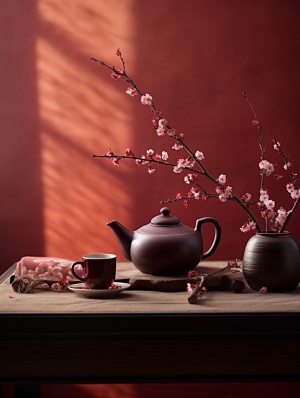紫色桌子上阳光明媚的冬天早晨的红色茶壶，东方极简主义风格，浅茶色和深色青铜，书籍艺术装置，樱花，19世纪风格，浅茶色和深色琥珀色，商代