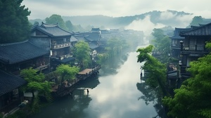 江南烟雨，画质清晰明亮，近景，4K分辨率