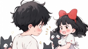 Miyazaki Style: Cute Little Boy and Girl with Cats in Sweet and Funny Scenes