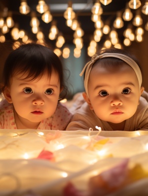 几个月大混血双胞胎姐妹嬉戏在婴儿床上的超清8K摄影图