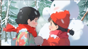 1980s Anime: Boy and Girl in Snow, Kawaii Style