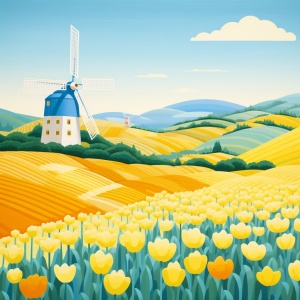 Ryo Takemasa's minimalistic clean illustration,Little windmill far away,in the tulip flowers field,landscape,golden ratio,fake detail,Bright large color block lemon yellow and sky blue color plate,trending Pixiv fsnbox,acrylic palette knife,no trees,no mountain,style raw