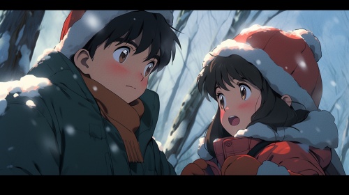 Animation from the 1980s, KinotoSakura, children's illustration, anime of a boy and a girl, black long hair, wearing a hat, white cotton coat, red scarf, standing in the snow, Kawaii, Q-version, Red Cliffs, Disney anime style, best quality, super details, light green, 8K niji 5-ar1: 1