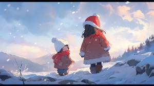 Miyazaki Hayao style, KinotoSakura, children's illustration, anime of a boy and a girl, black long hair, wearing a hat, white cotton coat, red scarf, standing in the snow, Kawaii, Q-version, Red Cliffs, Disney anime style, best quality, super details, light green, 8K niji 5-ar1: 1
