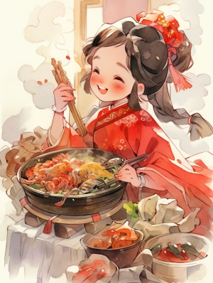 https:s.mj.runLr4VWs8n-2M，Watercolor, a traditional Chinese girl eating hot pot, a Tang Dynasty fantasy, happy dancing,cheerful laughter, positive attitude, painting style, rich and colorful animated stills, non-traditional posture