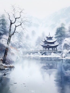 中国水墨画风格，冬天的森林，大雪覆盖，远处有大山，雾凇美景，大雪飘落，古亭在美景下显得格外宁静，结冰的湖面，