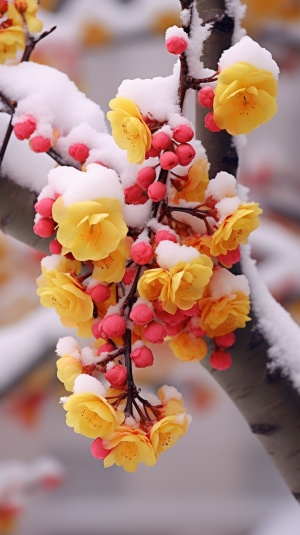 一根树枝，黄色的花在雪地上，中国文化主题的风格，深黄色和浅粉色，flickr，深黄色和浅红色，深灰色和黄色，尼康af600，精湛的工艺