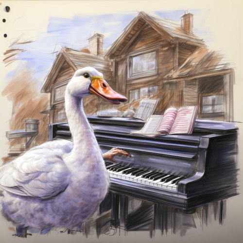 画一只正在弹钢琴的大鹅玩偶