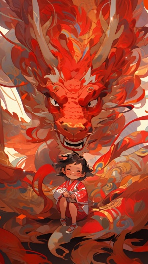 中国儿童穿着红色服装的迷人人物插图