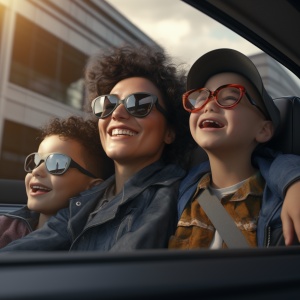 妈妈和两个男孩戴着黑色边框眼镜坐在车里