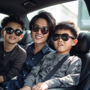一位妈妈和 2 个 男孩一同坐在车里，他们戴着黑色边框眼镜