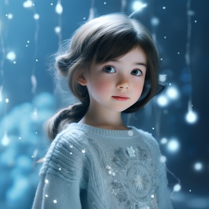 Super cute little girl wearing light blue sweater in snowflakes, Pixar style, standing, charming eyes, surrealism, hyperdetail, luxury, elegance, gorgeous 8K, VRAY surrealism, dramatic lighting, lighting effects, illusion engine, octane rendering ar 3:4 niji 5