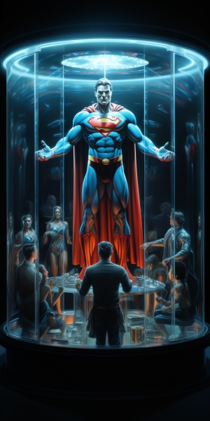 DC经典超人被束缚在高科技玻璃箱中