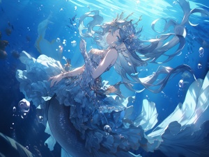 mermaid underwater wallpaper, in the style of anime art, mythical portraiture, hauntingly beautiful illustrations, detailed character illustrations, oshare kei, silver and azure, dimensional illusion